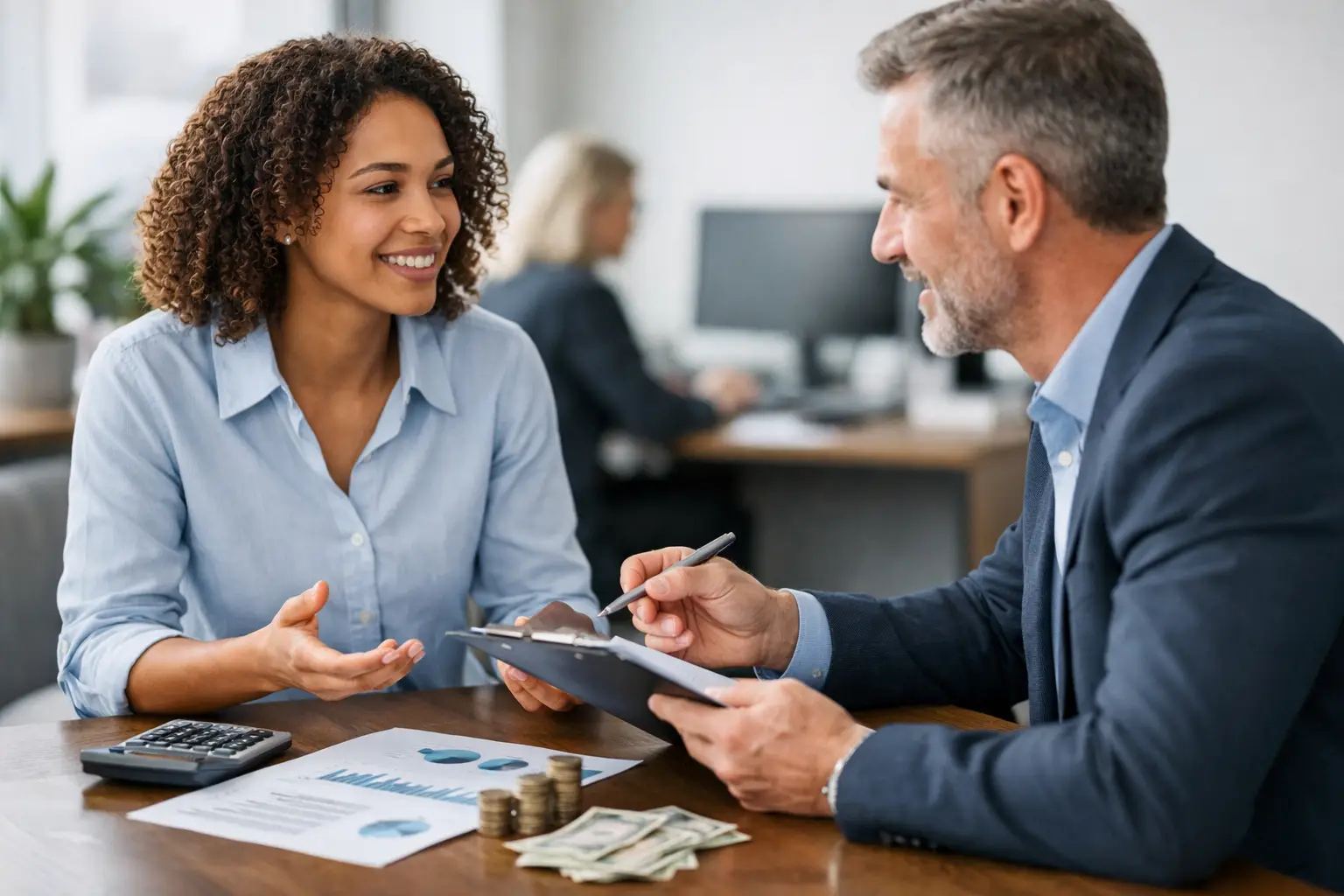 image of two people discussing benefits