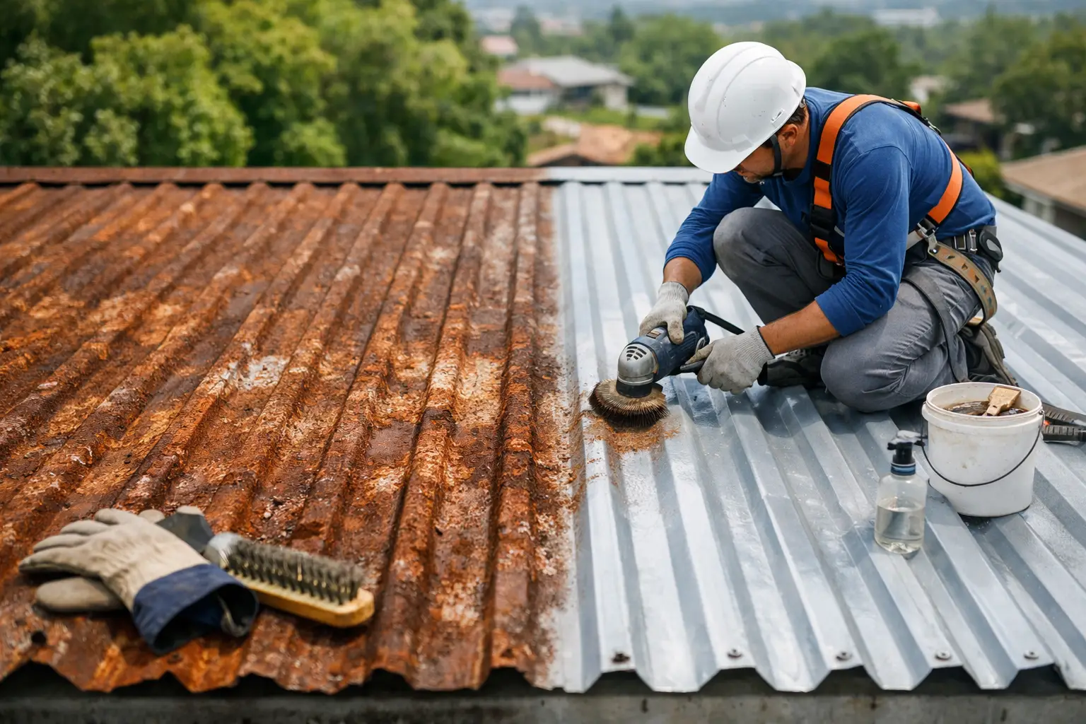 Learn how to restore rusted roof sheets safely with inspection, controlled surface preparation, corrosion treatment, sealing, and safe access planning.