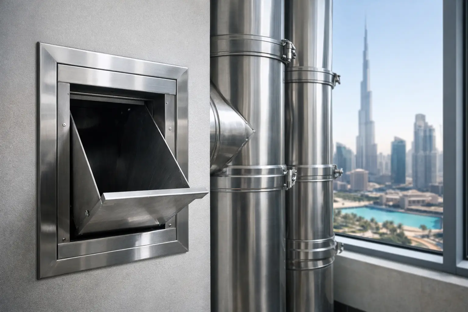 Garbage chute Dubai systems for towers and facilities: stainless steel fabrication, correct sizing, safe installation, and responsive maintenance support.