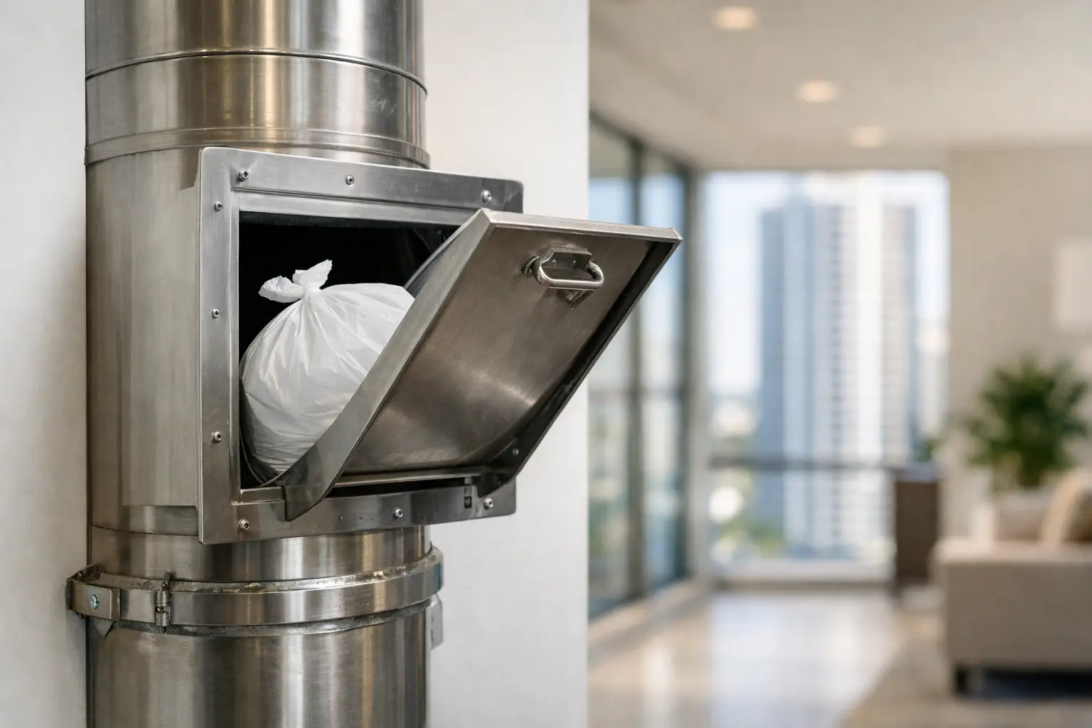 Specify a residential tower garbage chute that controls odors, fire risk, noise, and corrosion with durable stainless steel design and service access plans