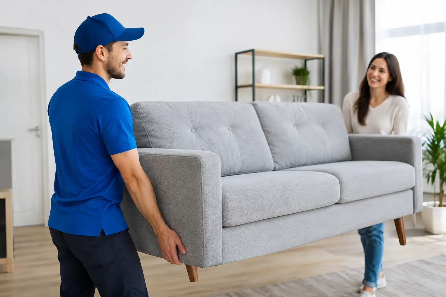 Man in a blue polo shirt and a woman carrying a grey three-seater sofa through a living room