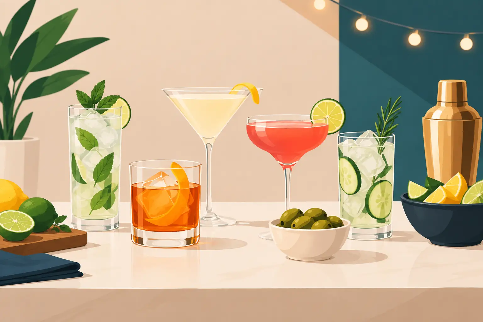 Illustration of a home bar counter with a mint highball, an old fashioned with orange peel, a martini with lemon twist, a pink coupe with lime, a cucumber and rosemary highball, a bowl of olives, citrus and a gold shaker, under string lights.