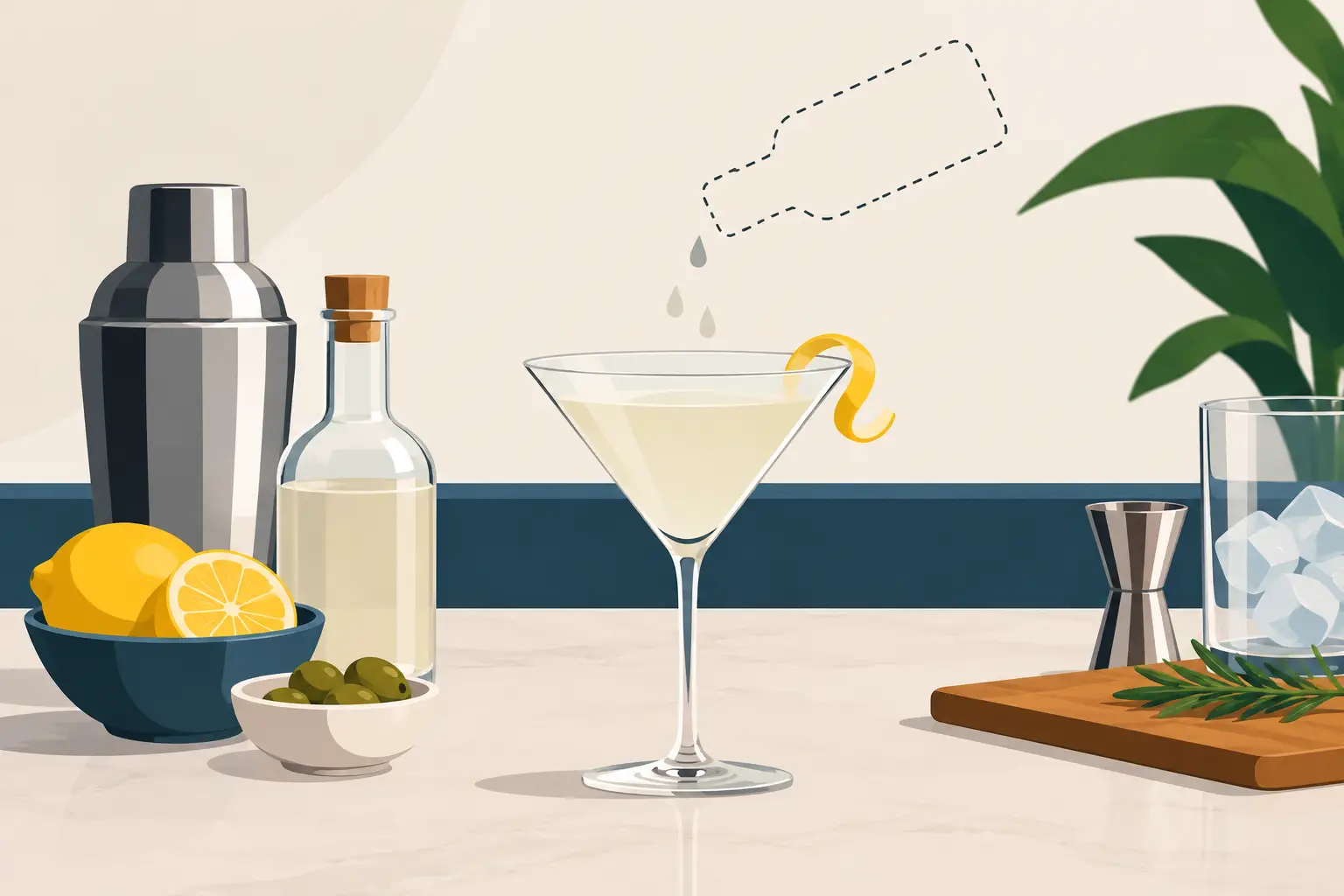 Illustration of a home-bar counter with a cocktail shaker, a bottle of clear liquid, lemons, olives and a jigger around a pale cocktail in a martini glass with a lemon twist, while a dashed outline of a missing bottle pours drops toward the glass.