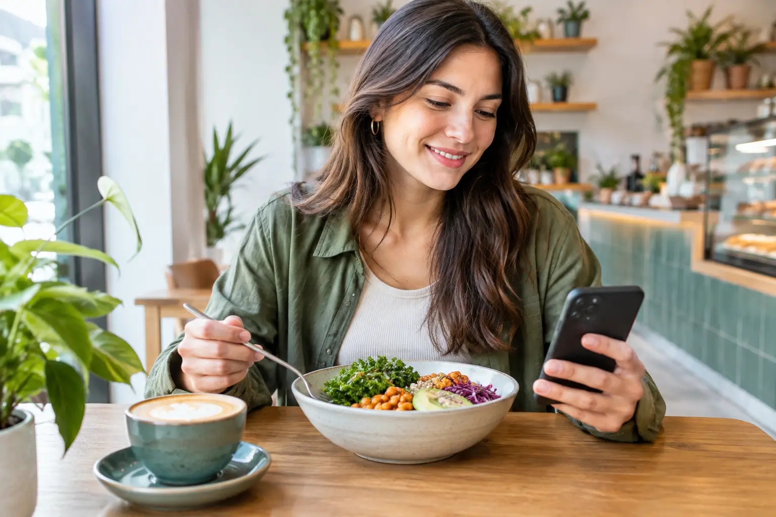 A café customer enjoying a plant-based coffee while checking information on a smartphone