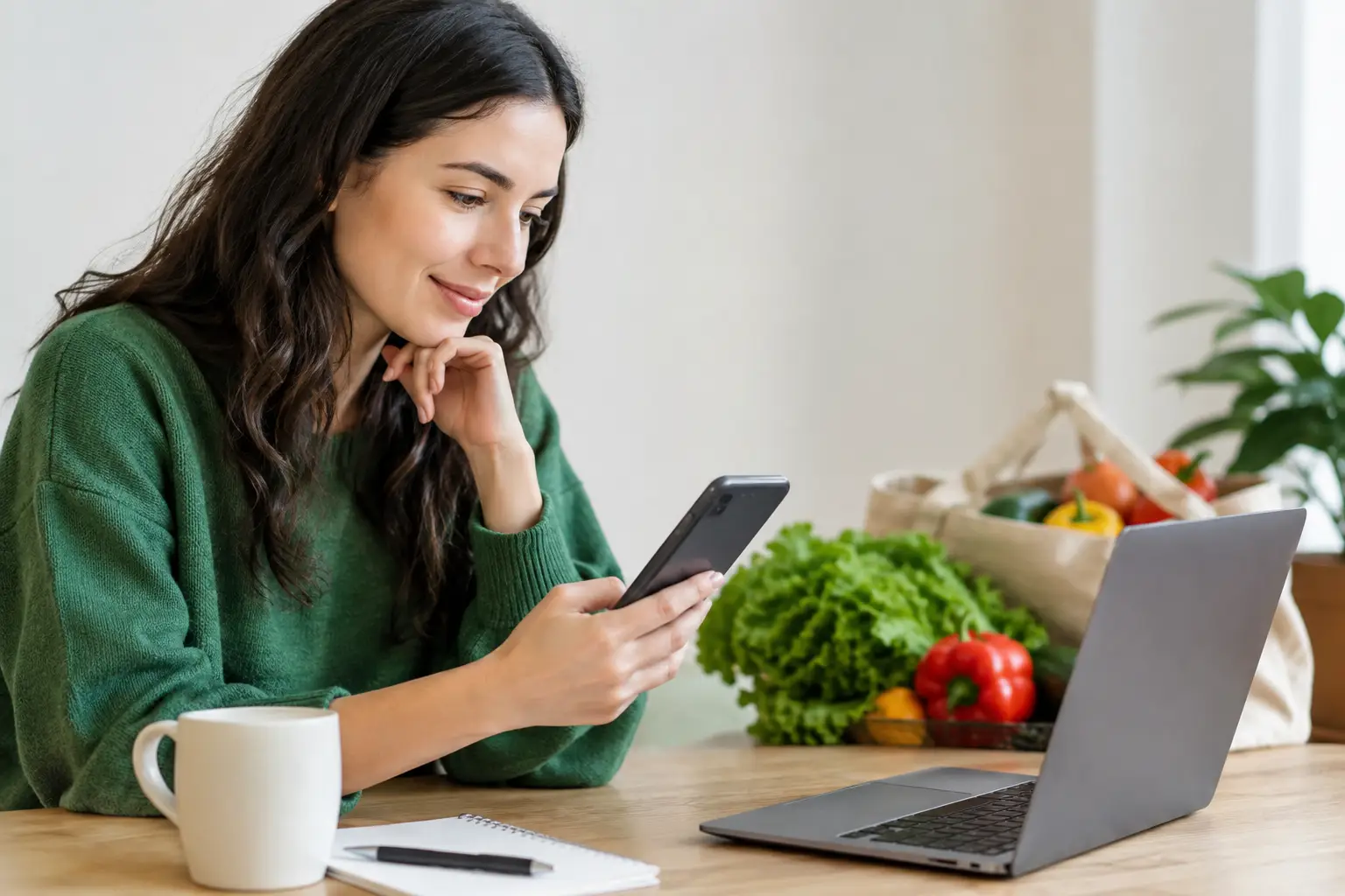 A shopper using a phone to compare plant-based products and ingredients