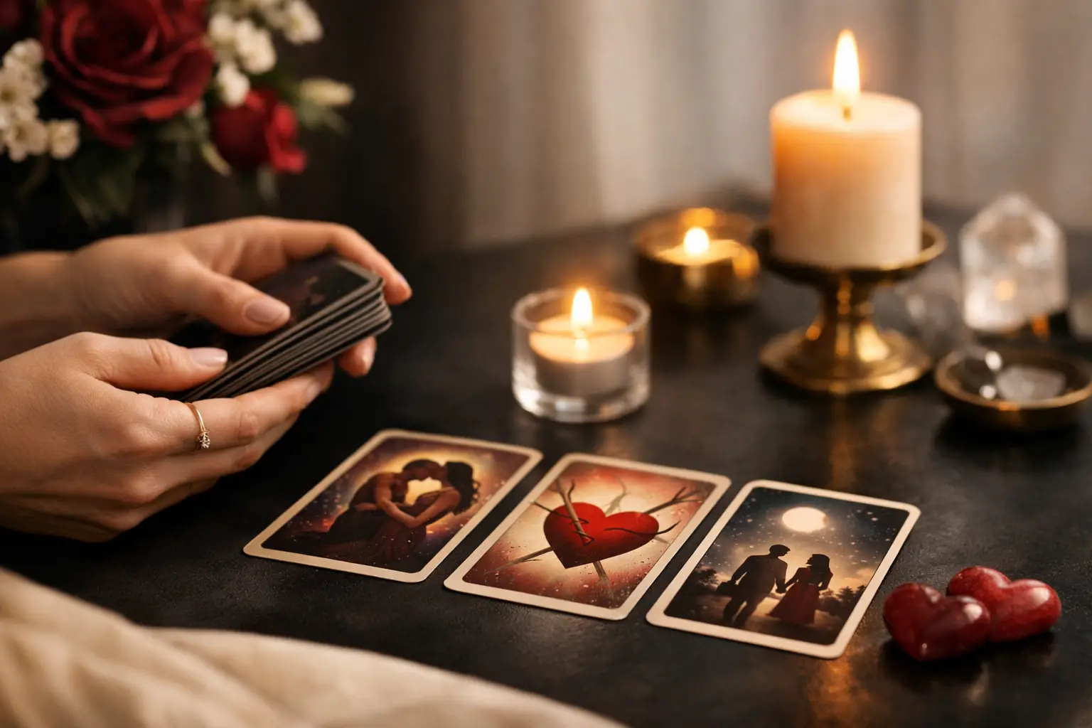 Cartas de tarot numa leitura sobre um novo amor