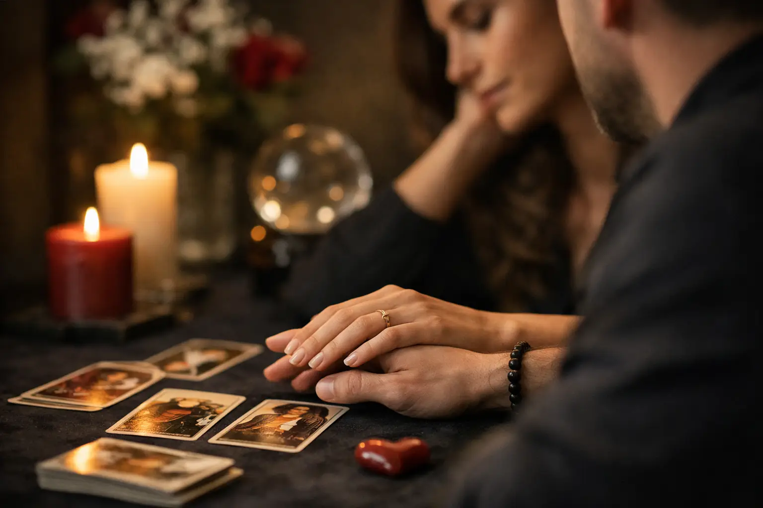 Mãos e cartas de tarot numa reflexão sobre uma relação