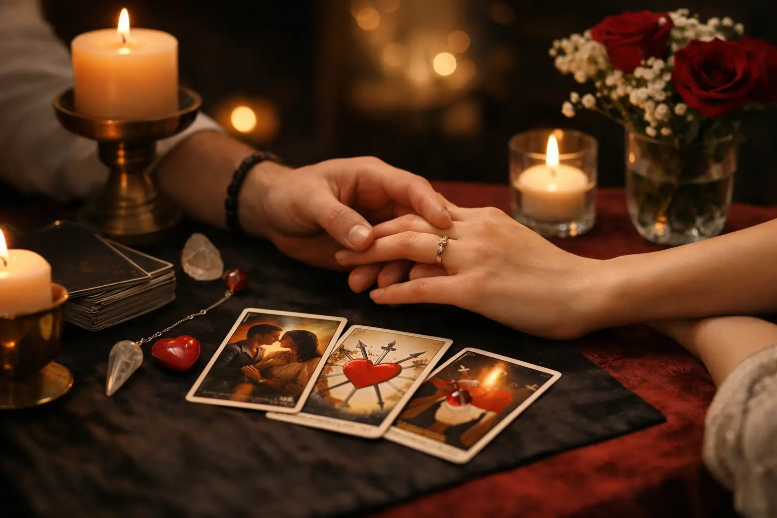 Cartas de tarot numa leitura sobre o futuro de uma relação