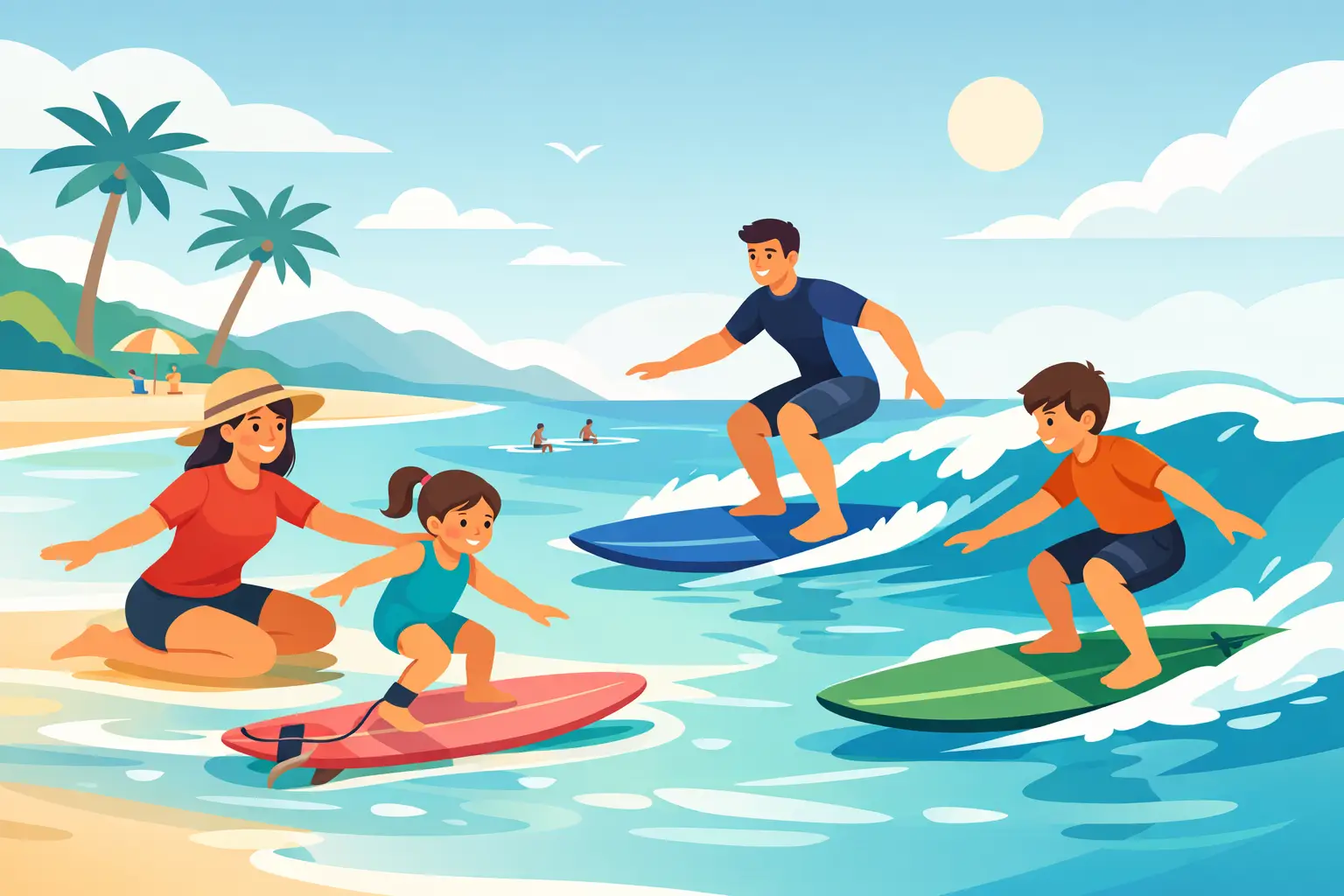 Una familia aprendiendo surf en vacaciones