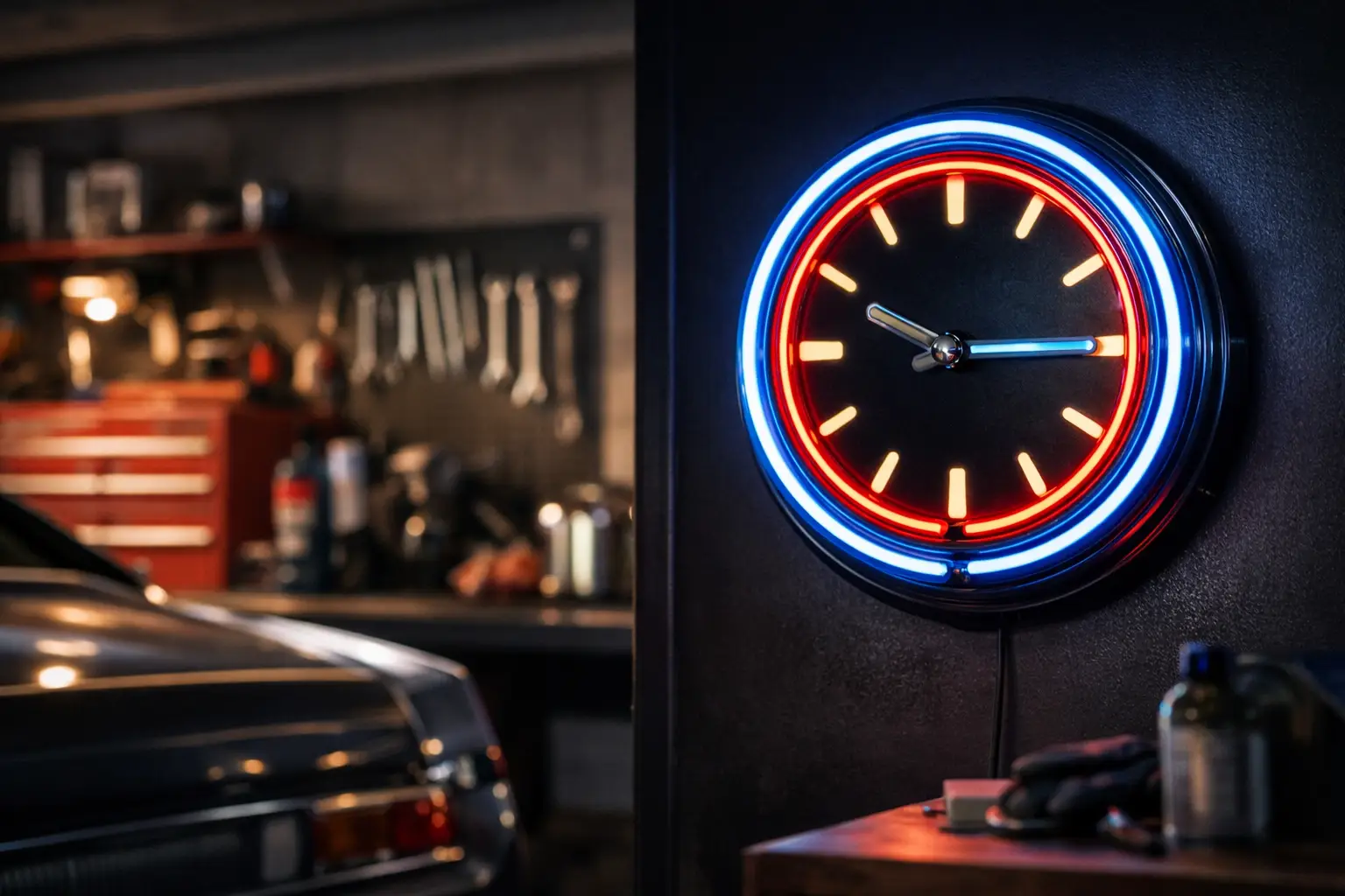 Garage Neon Wall Clock Buying Guide | jimsclassicclocks.com