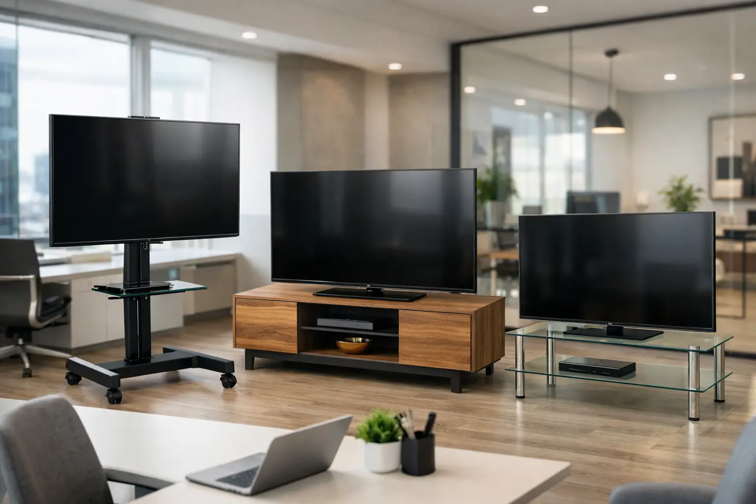TV stend seçimi: ofis üçün ölçü, material və dizayn