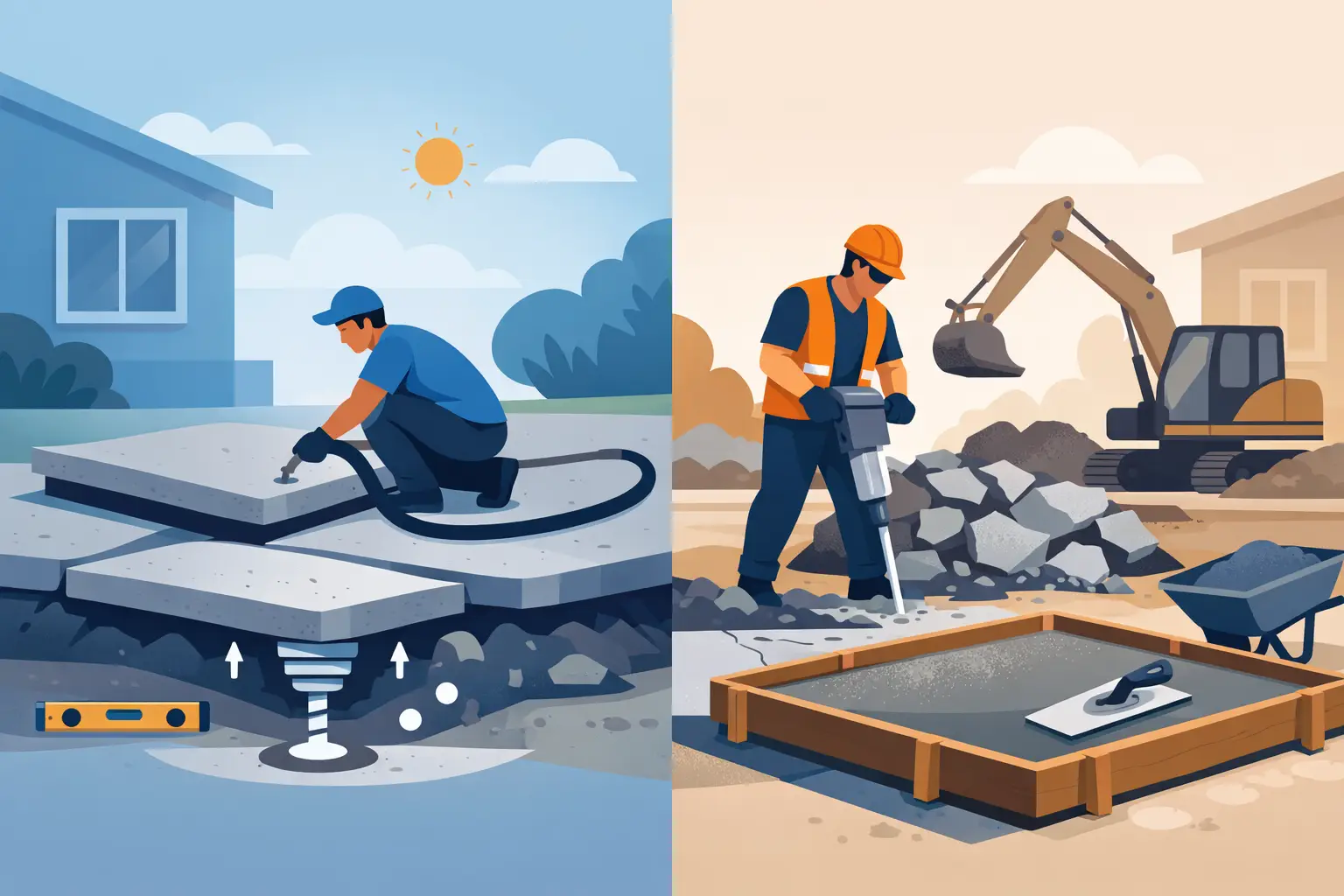 Concrete Leveling vs Replacement illustration