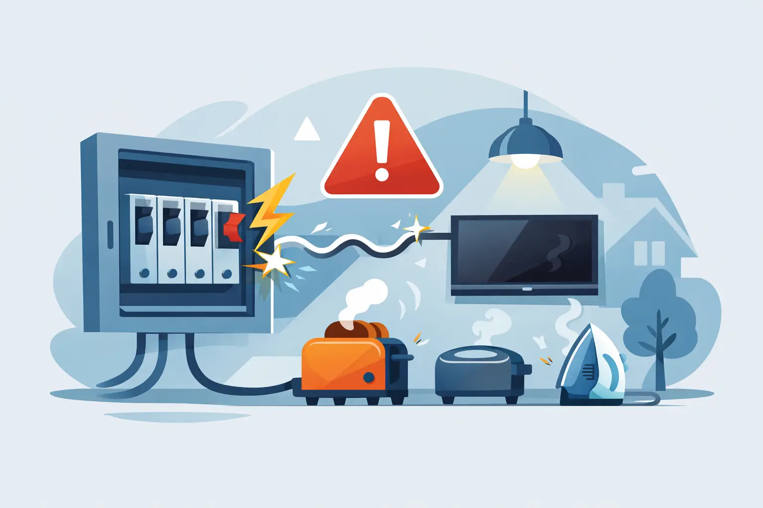 Illustration of a tripping circuit breaker and household electrical loads
