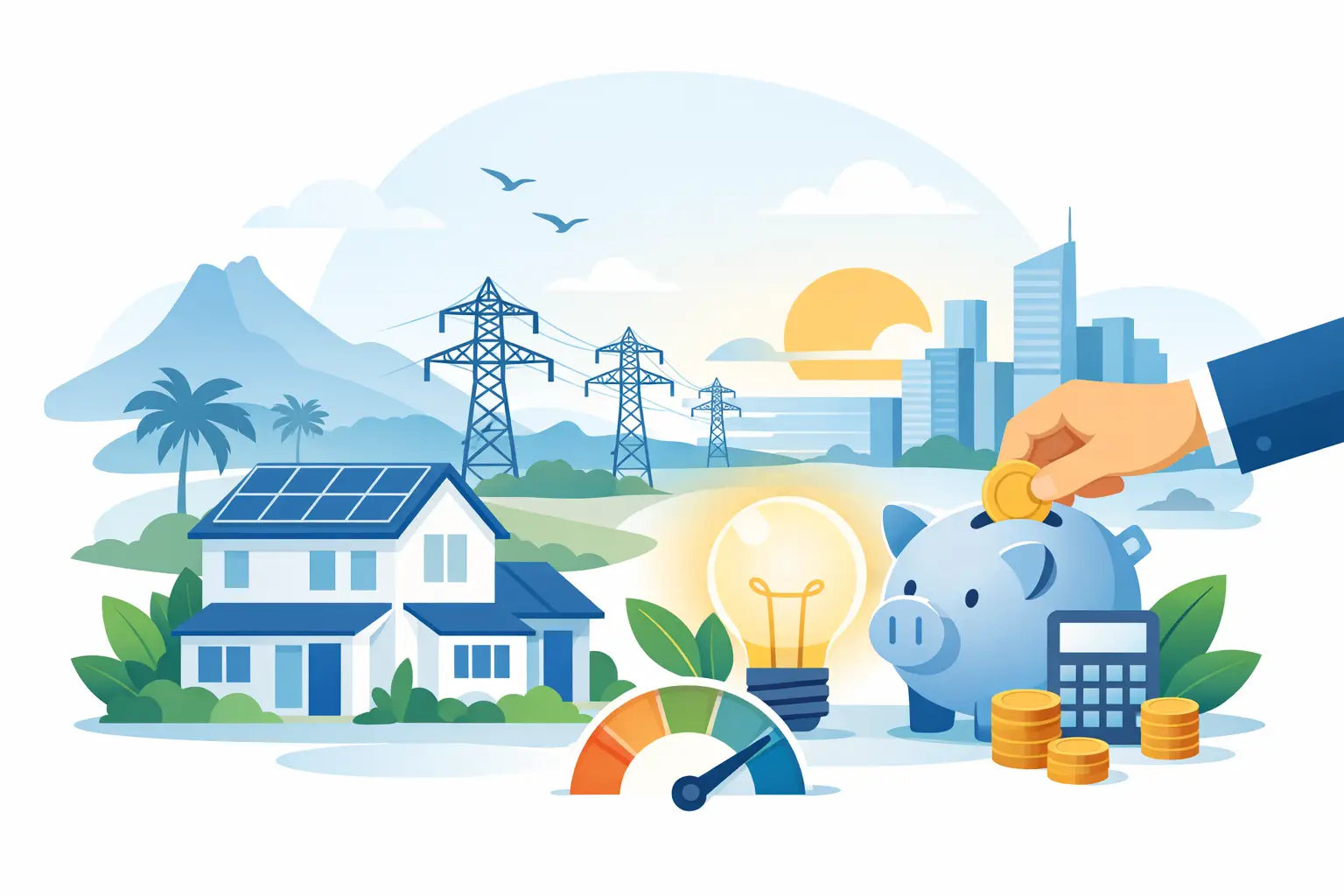Illustration of household energy savings through efficient lighting and solar power