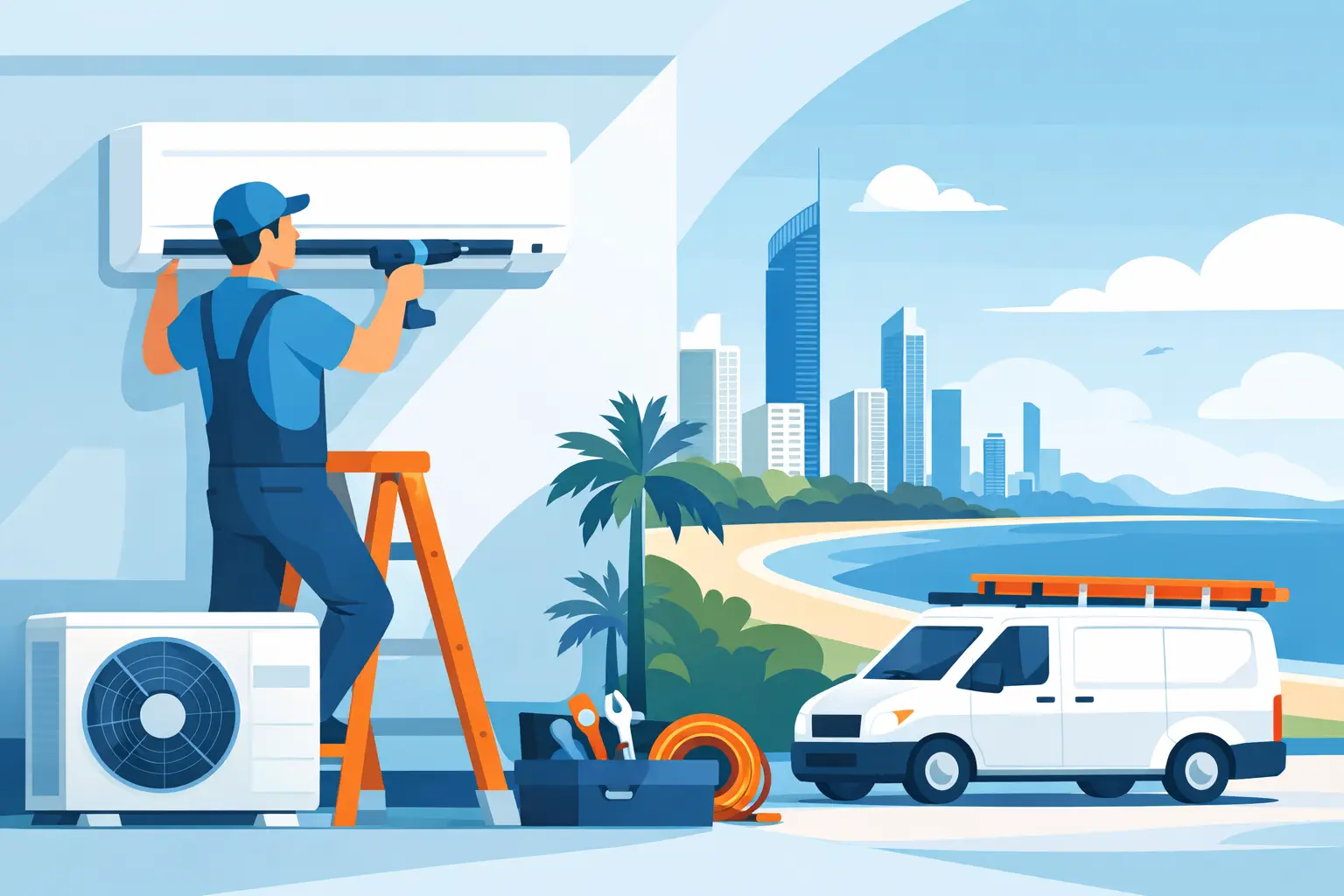 Illustration of an electrician on a ladder installing a split-system air conditioner