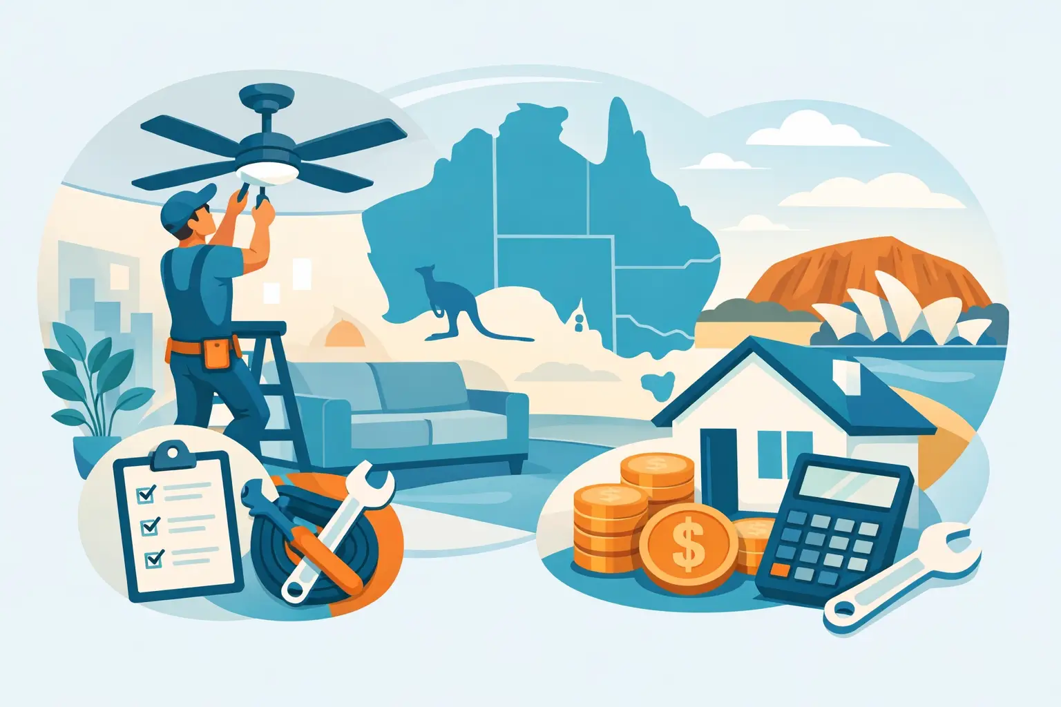 Illustration of ceiling fan installation, an electrician on a ladder and cost-planning symbols