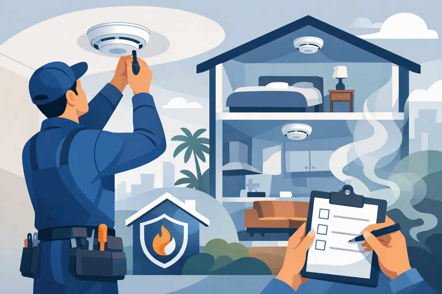 Illustration of an electrician installing a smoke alarm with a compliance checklist