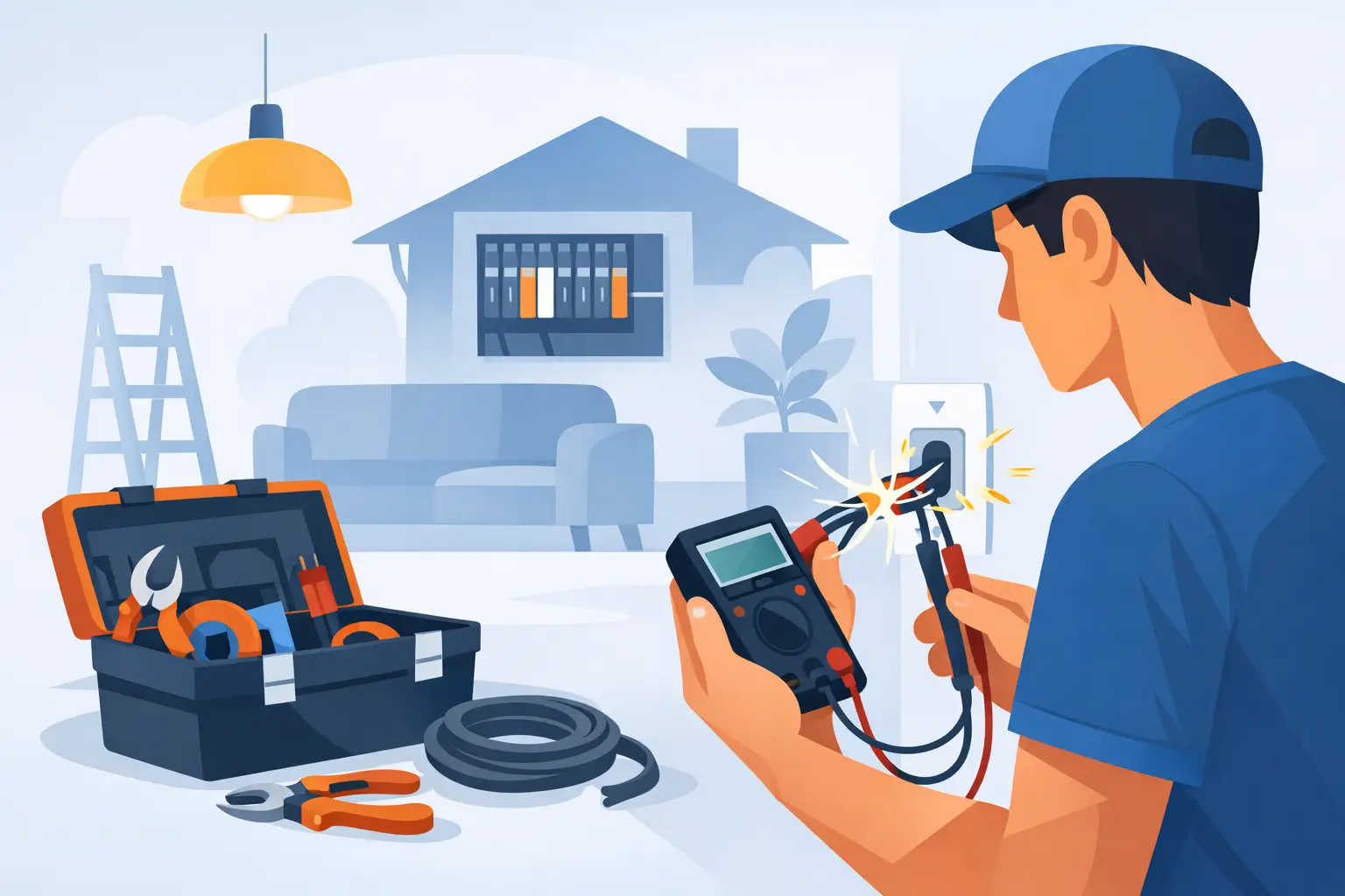 Illustration of an electrician testing household wiring with a meter