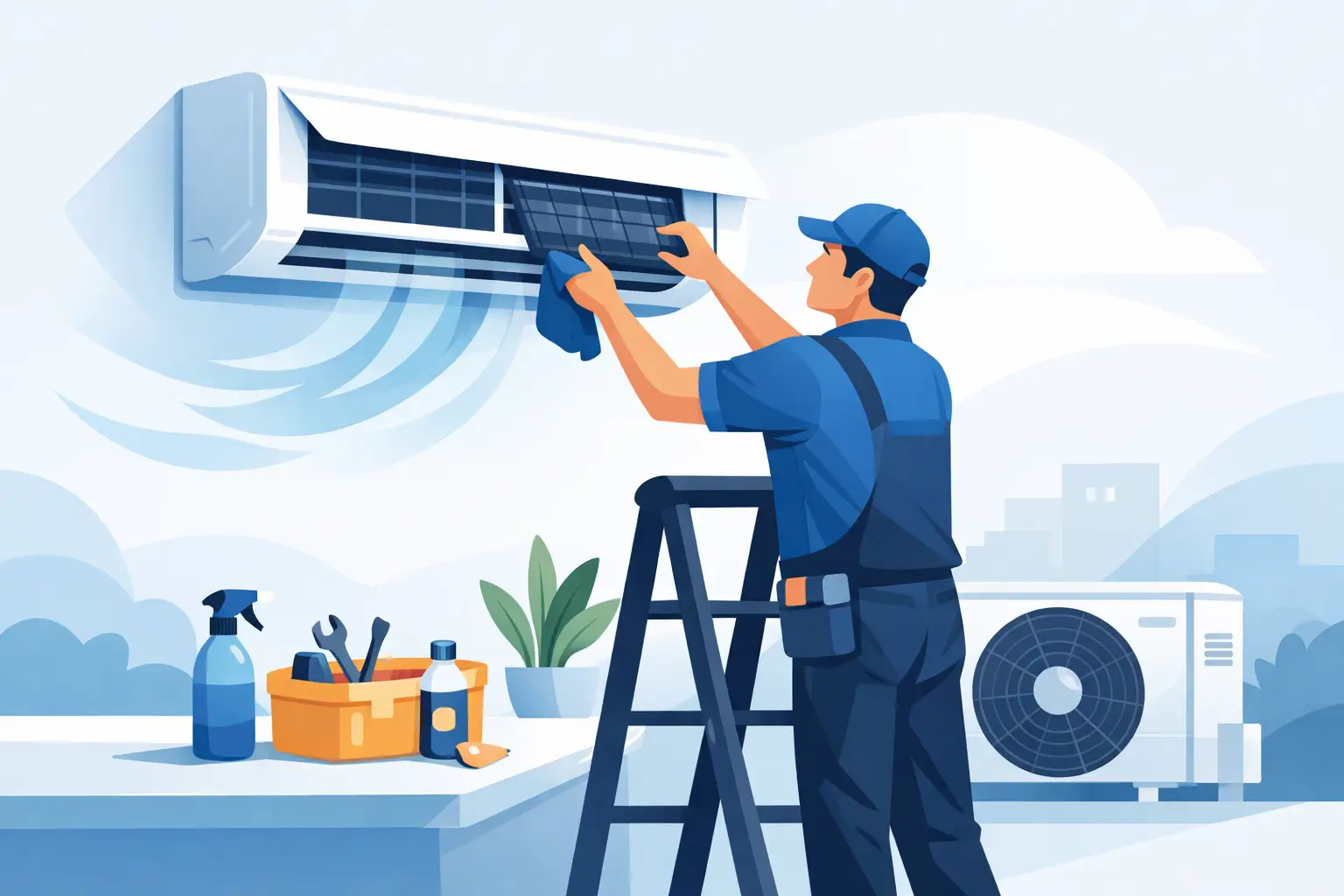 Illustration of a technician on a ladder servicing a split-system air conditioner