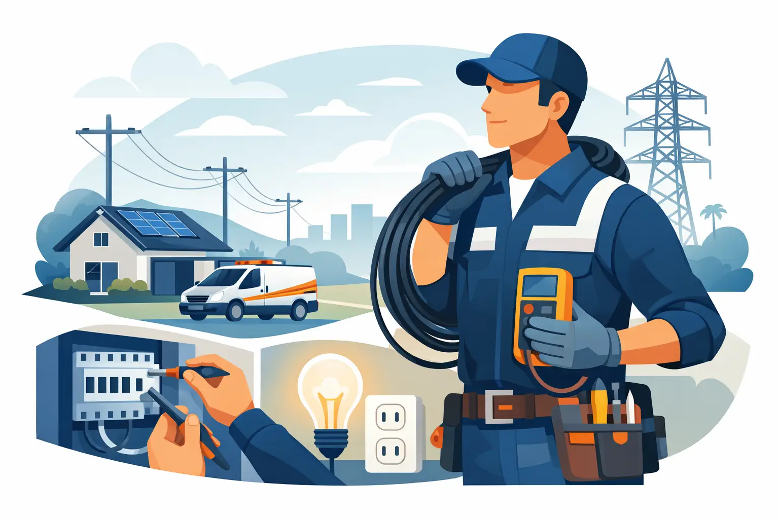 Illustration of an electrician holding test equipment beside a residential switchboard