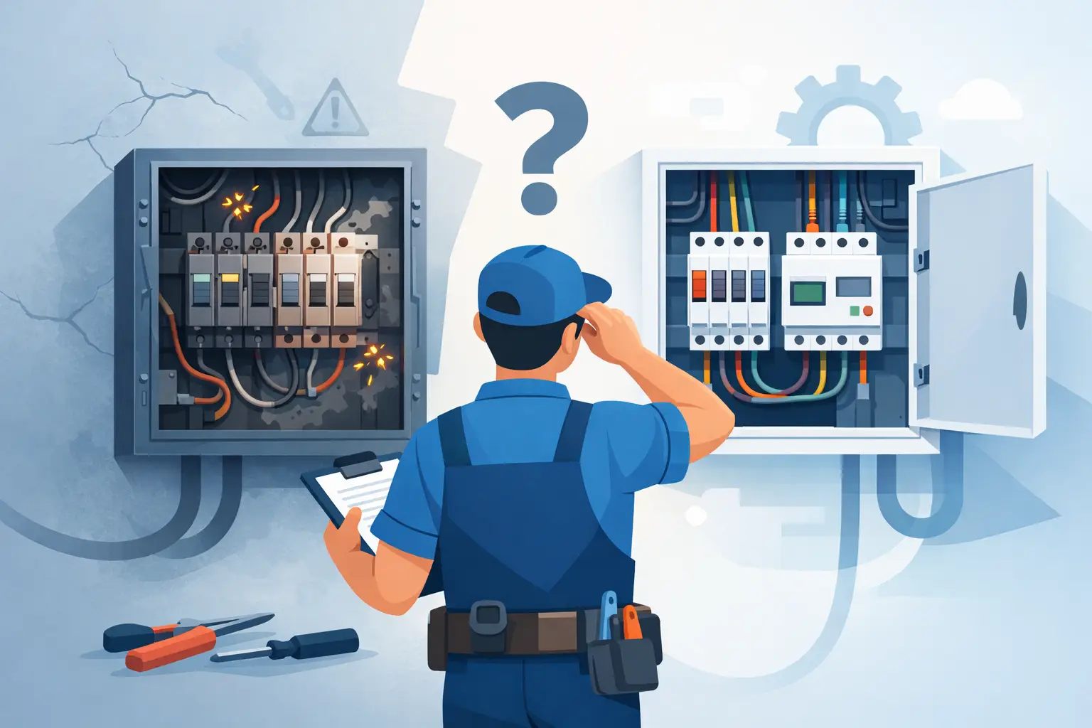 Illustration comparing an older switchboard and modern circuit breaker protection