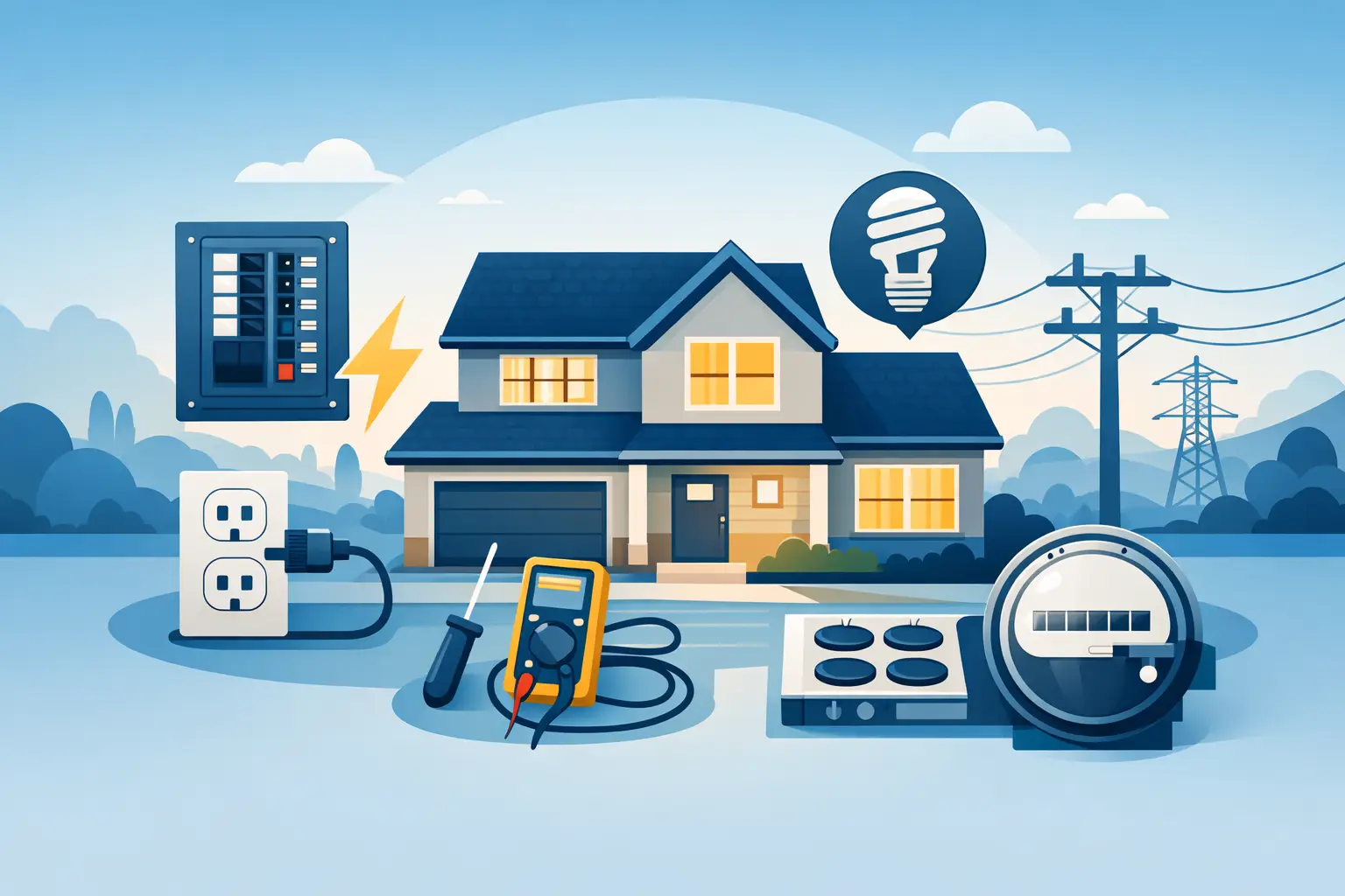 Illustration of home electrical circuits, smoke alarms and appliance connections