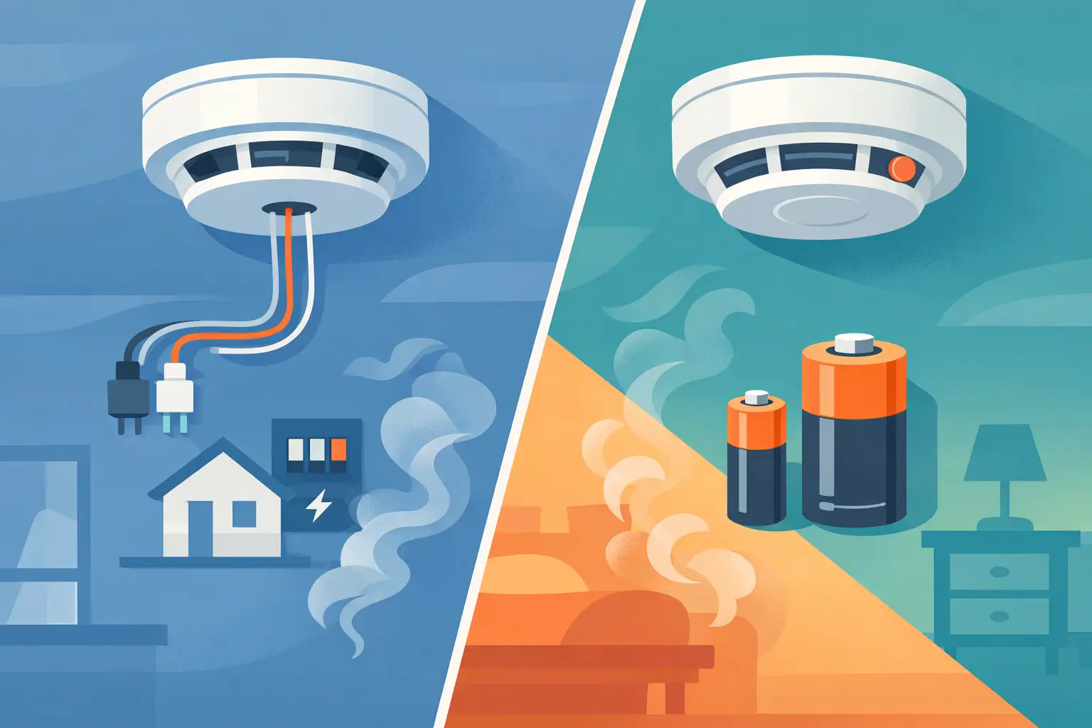 Illustration comparing a hardwired smoke alarm and a battery-powered smoke alarm