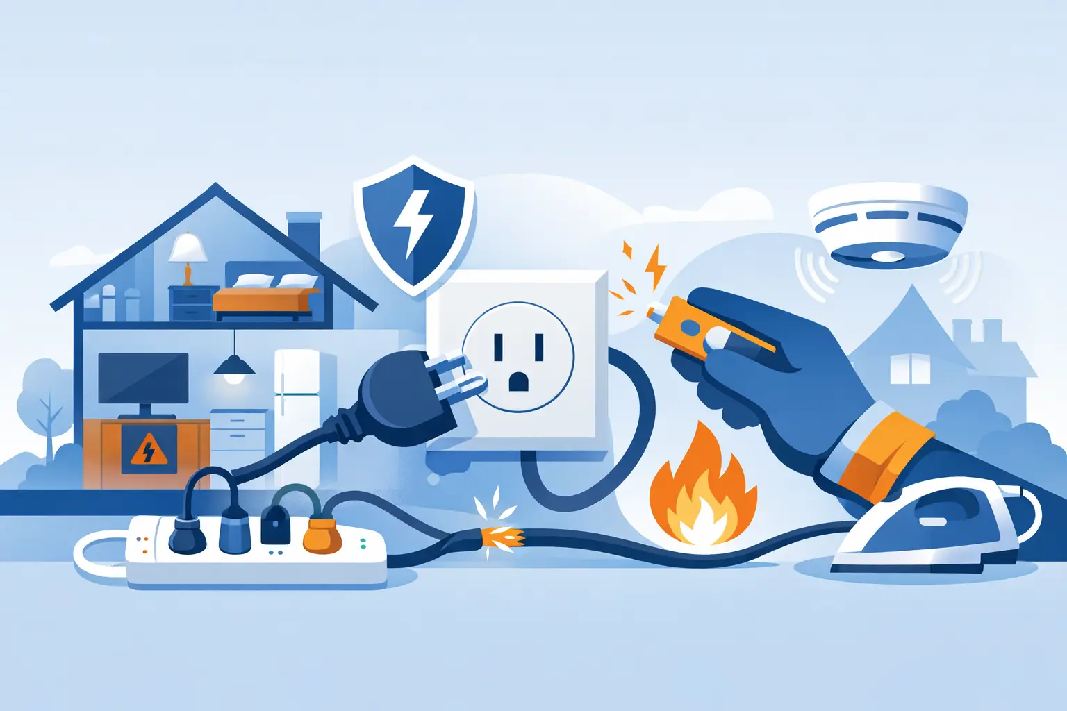 Illustration of household electrical hazards, smoke alarms and safety protection