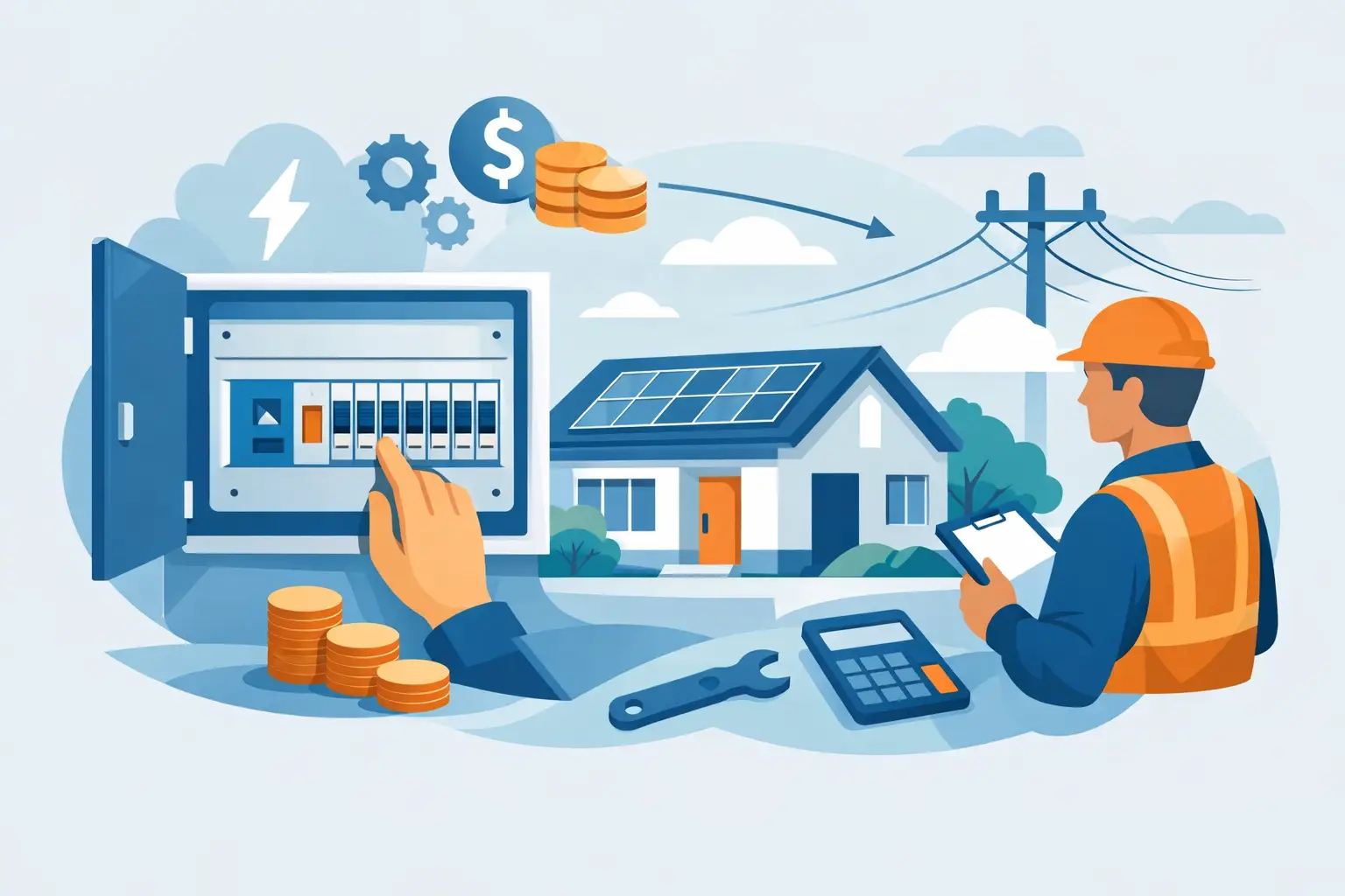 Illustration of a switchboard installation with tools and budget-planning symbols