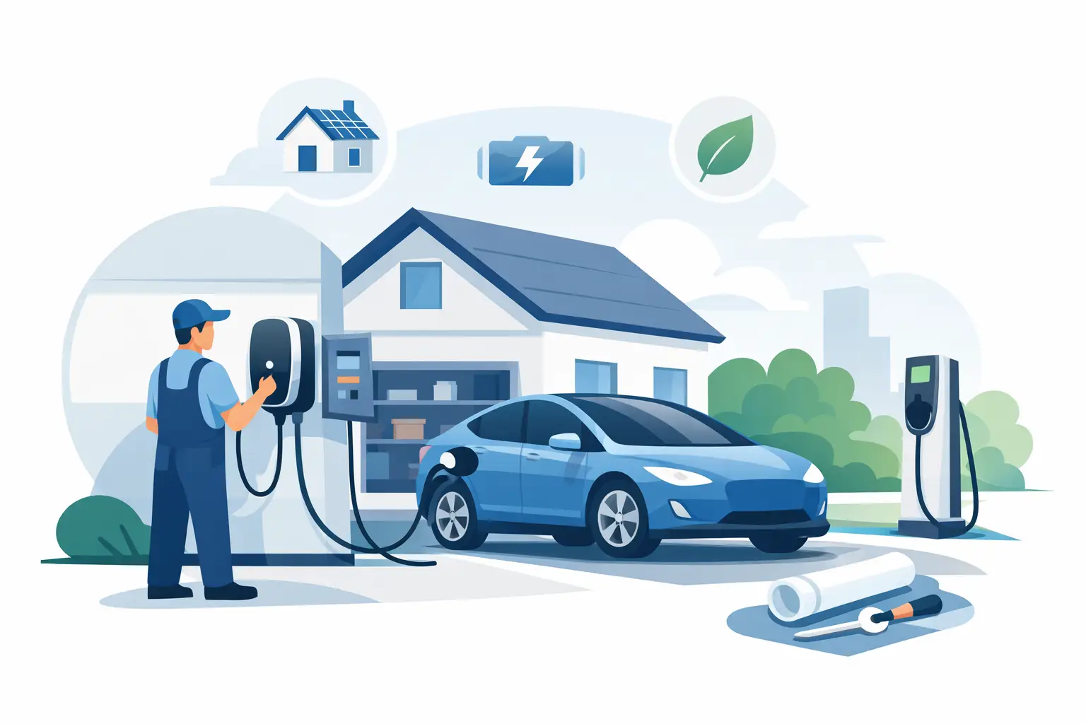 Illustration of an electrician installing a home charger beside an electric vehicle