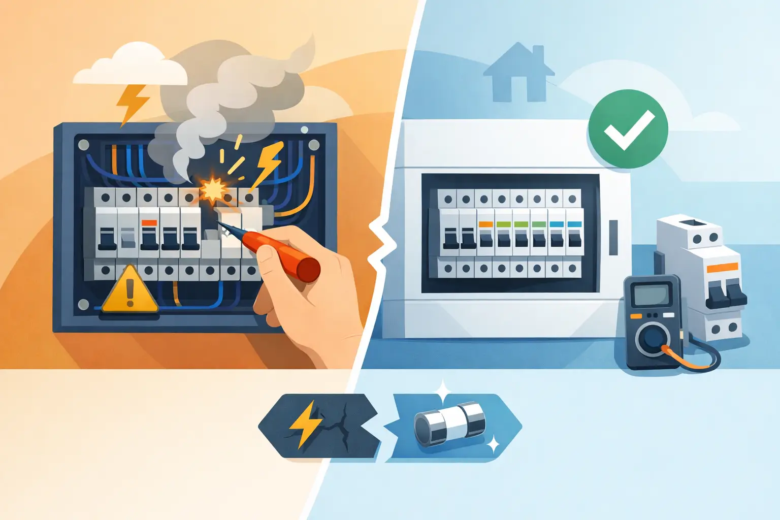 Illustration comparing a damaged switchboard with a replacement circuit breaker board