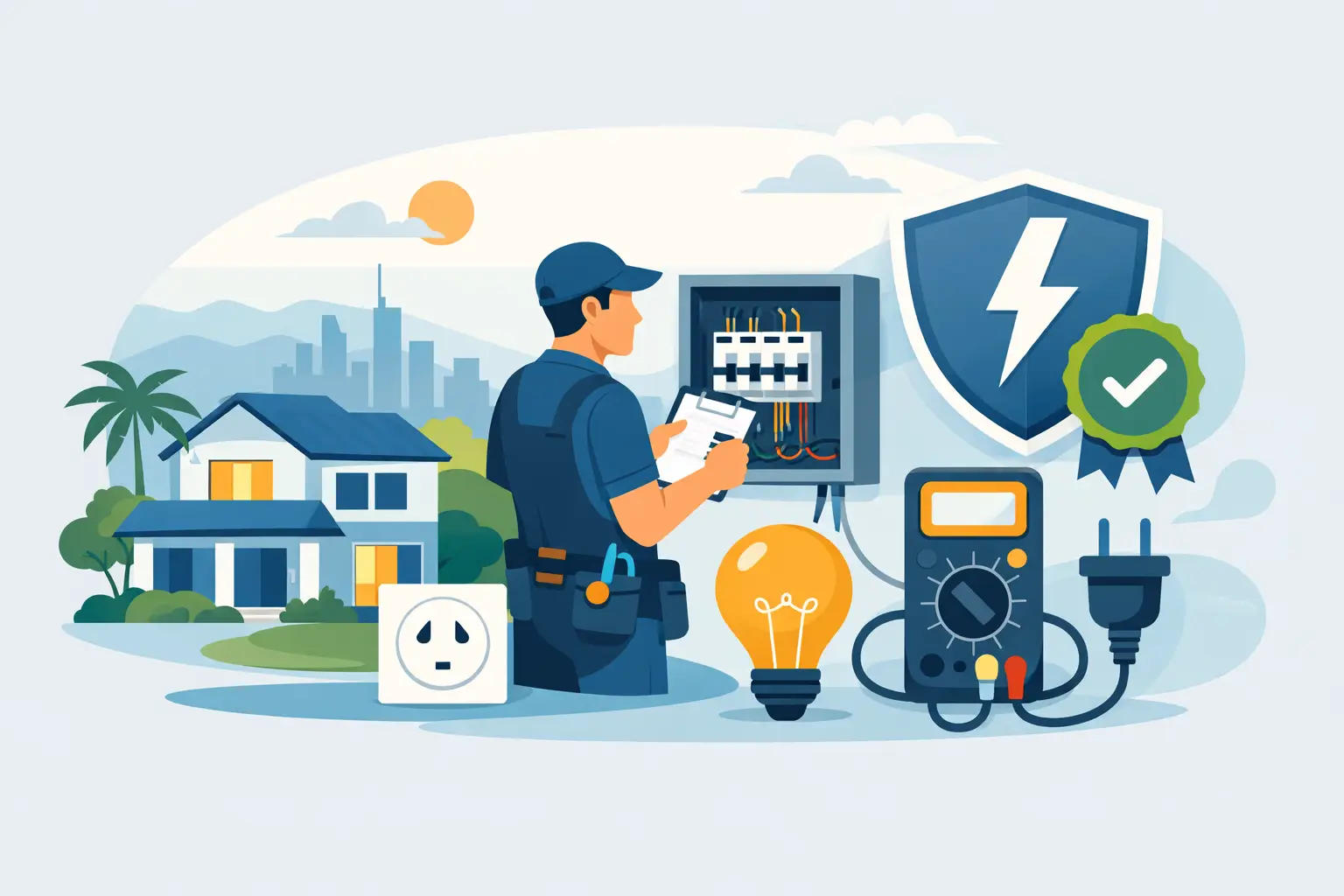 Illustration of an electrician checking rental property electrical protection