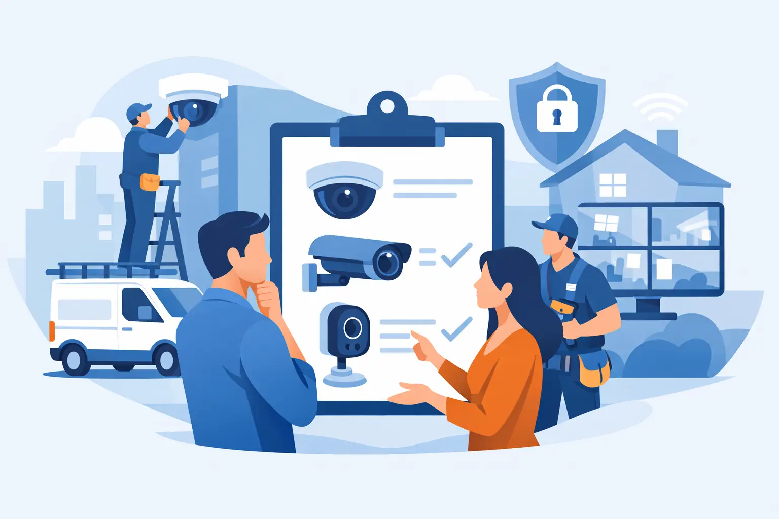 Illustration of an electrician and homeowner discussing a security camera system