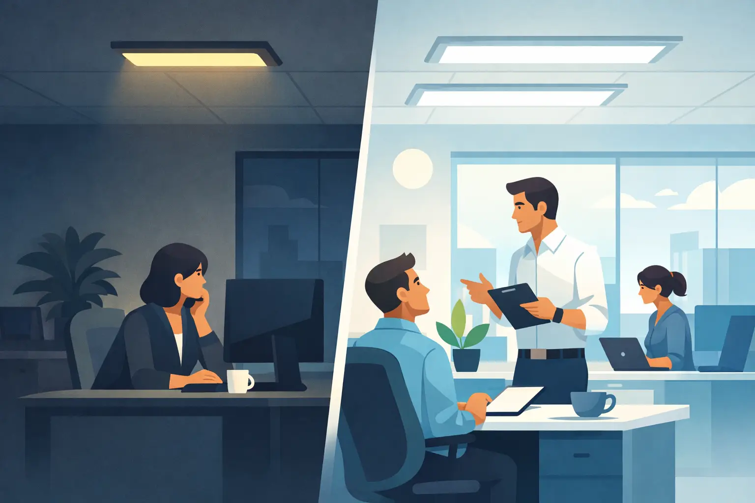 Illustration comparing dim office lighting with a brighter workplace lighting layout
