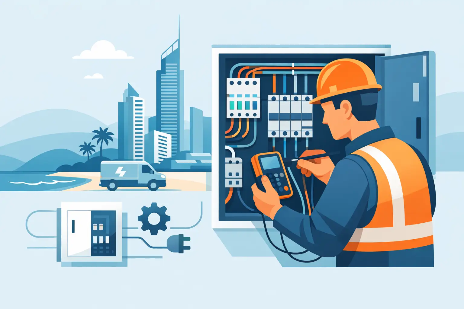 Illustration of an electrician inspecting a modern switchboard with circuit protection