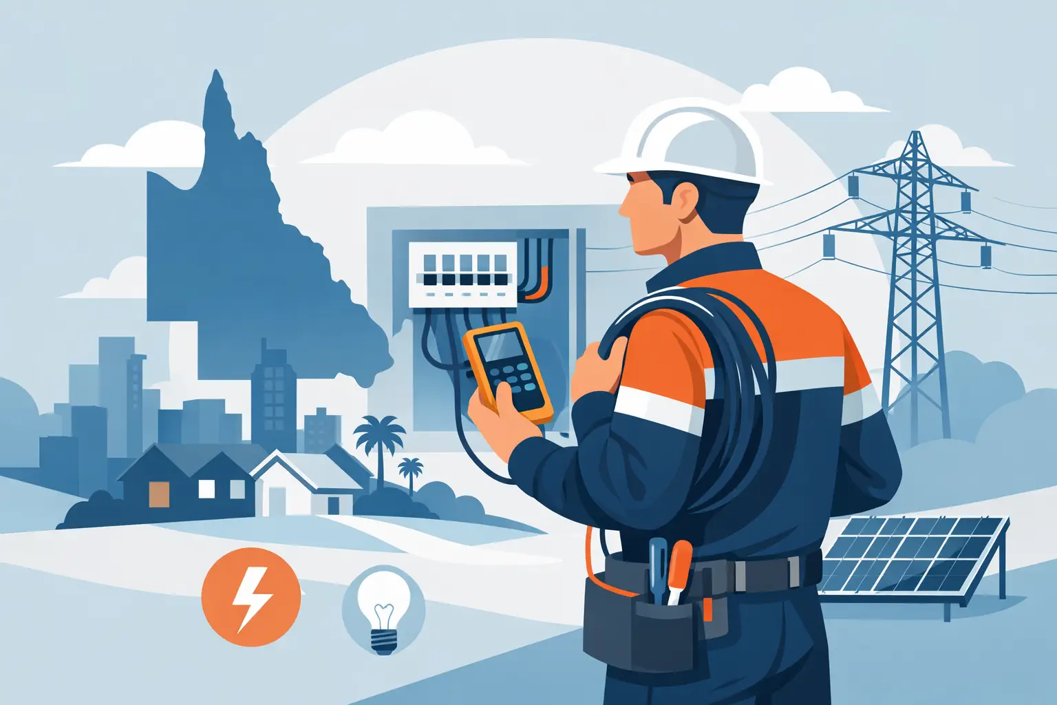 Illustration of an electrician inspecting a switchboard with electrical testing equipment