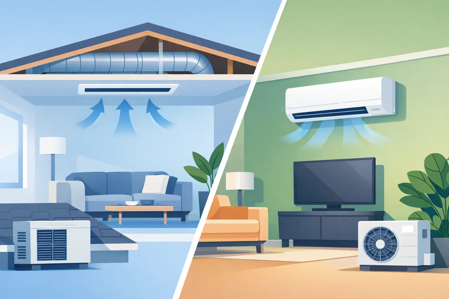 Illustration comparing ducted ceiling vents and a wall-mounted split-system air conditioner