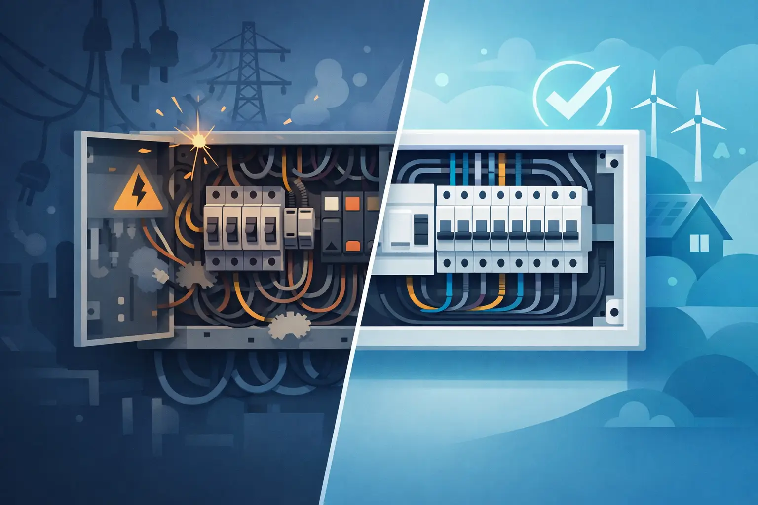 Illustration comparing wiring in an older switchboard with a modern replacement