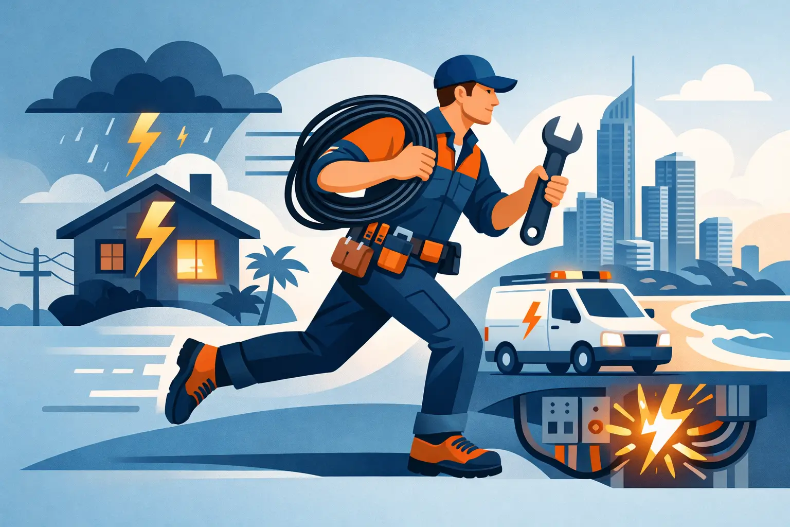 Illustration of an electrician attending a storm-related electrical emergency