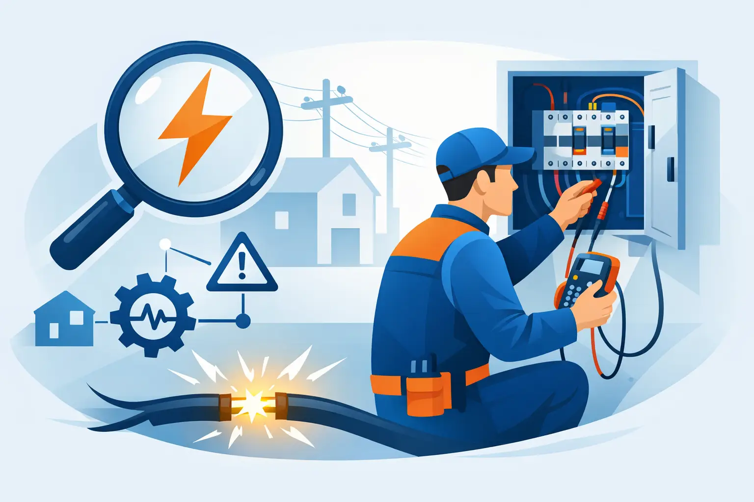 Illustration of an electrician diagnosing an electrical fault with test equipment