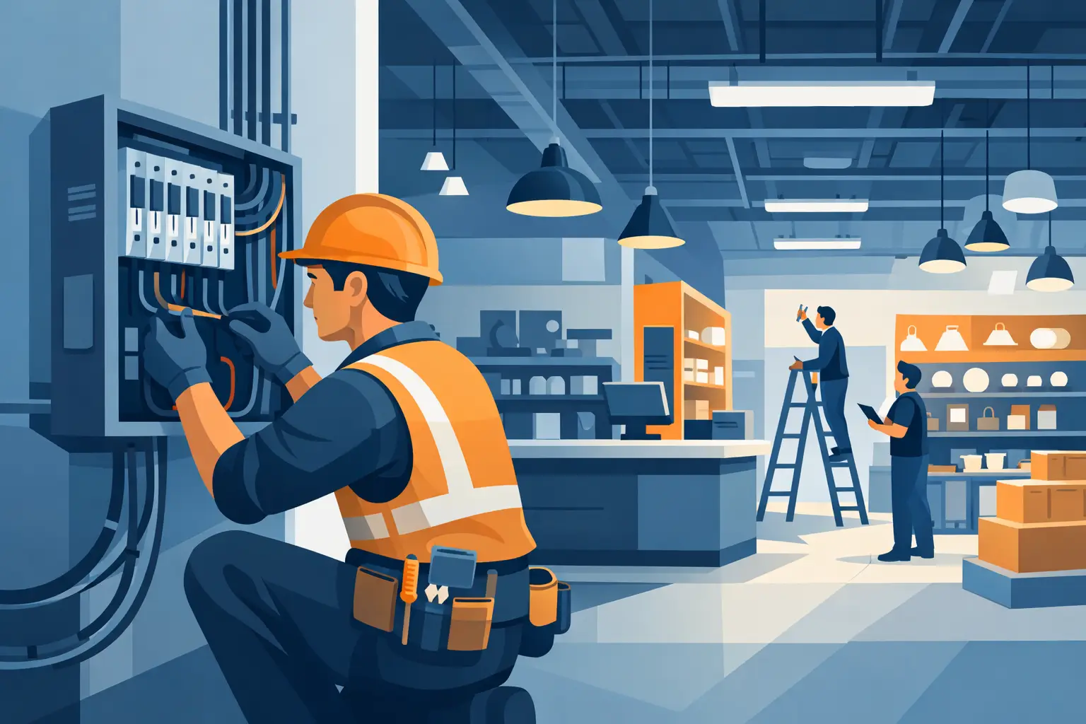 Illustration of an electrician completing switchboard work during a retail shop fit-out