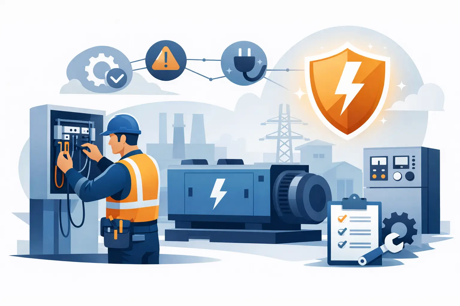 Illustration of a commercial electrician testing circuits beside industrial equipment