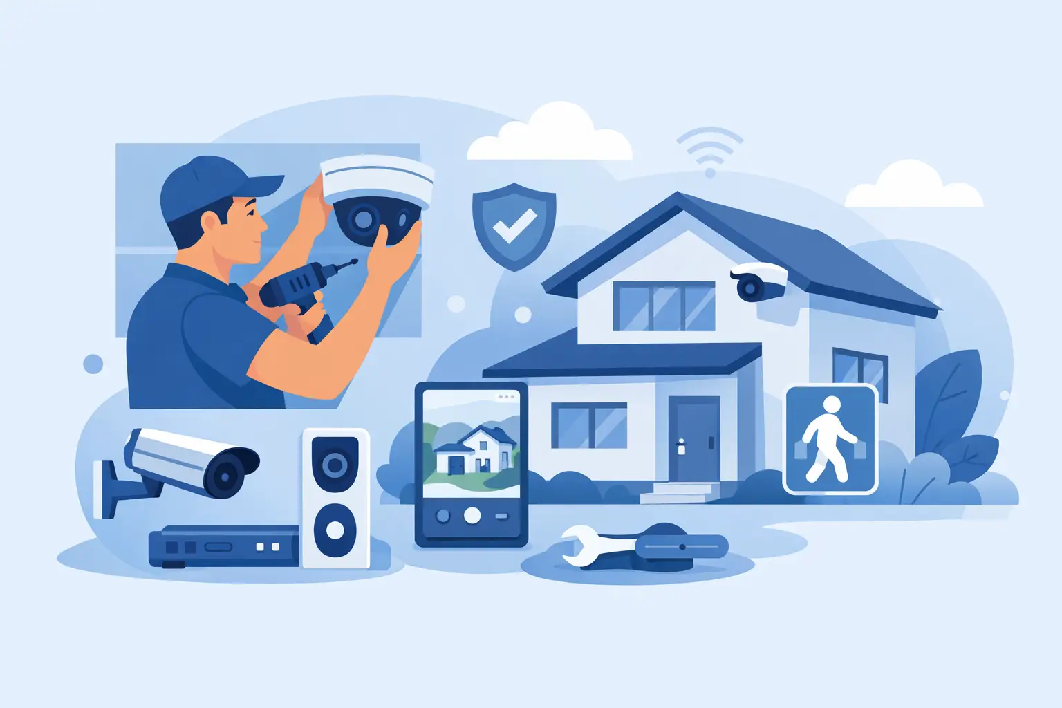 Illustration of security cameras and an installer connecting home CCTV equipment
