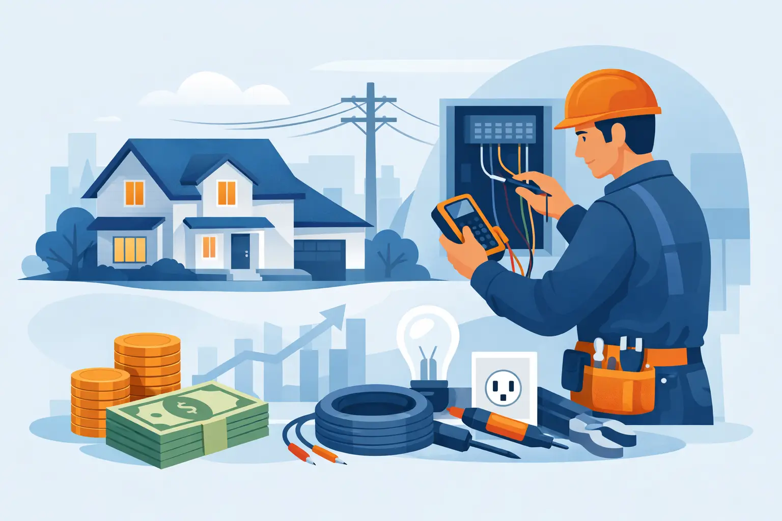 Illustration of residential electrical work, tools and quote-planning symbols