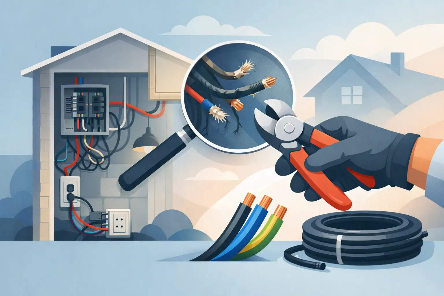 Illustration of damaged household wiring, cable insulation and electrical testing