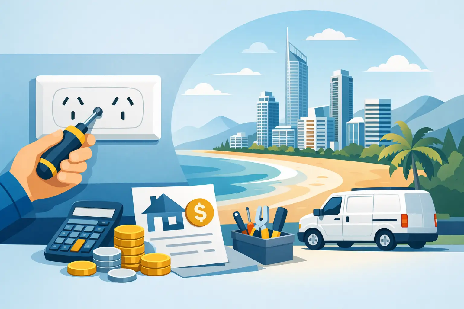 Illustration of a power point installation with tools and cost-planning symbols