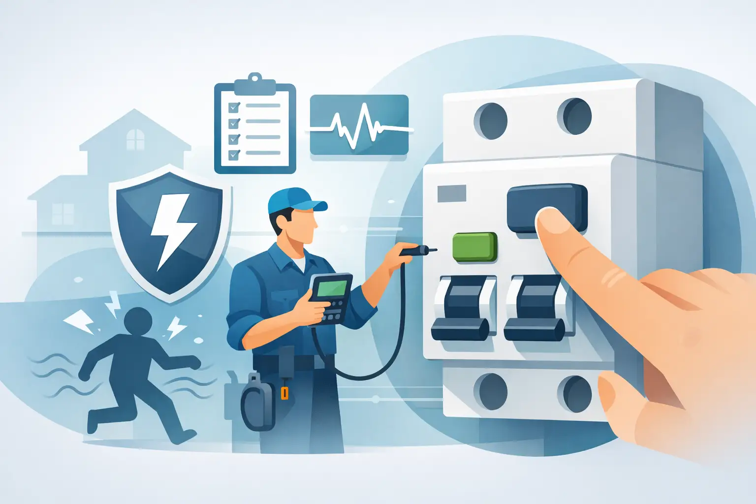 Illustration of a safety switch test button and an electrician checking electrical protection