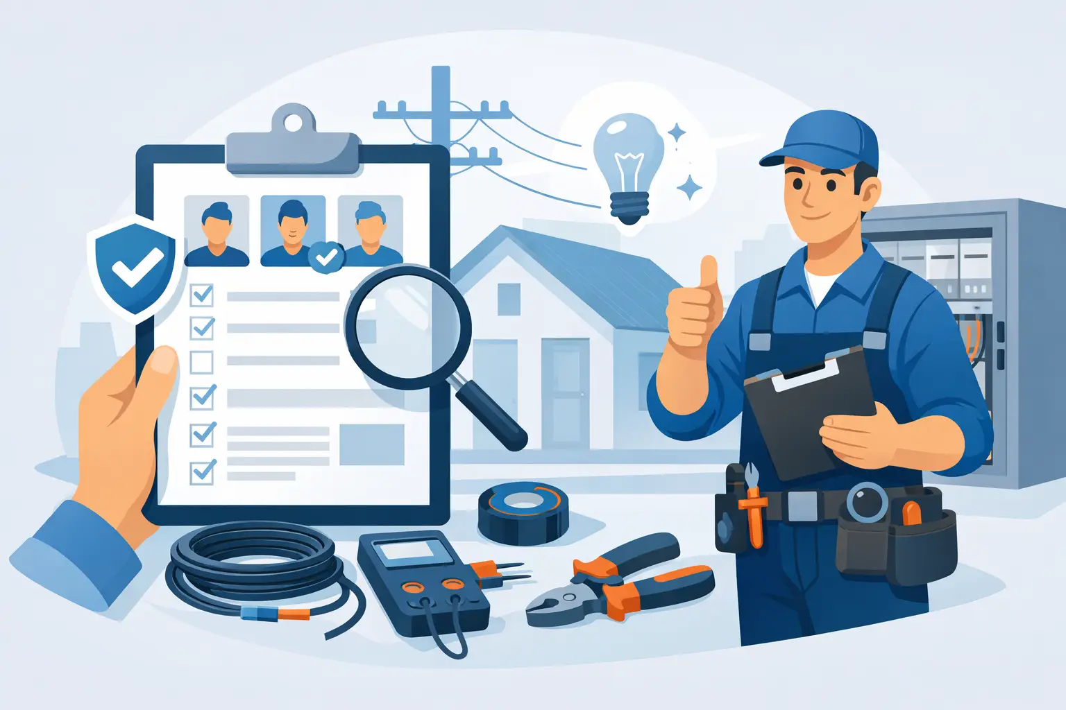 Illustration of licence checks and electrical test tools when choosing an electrician