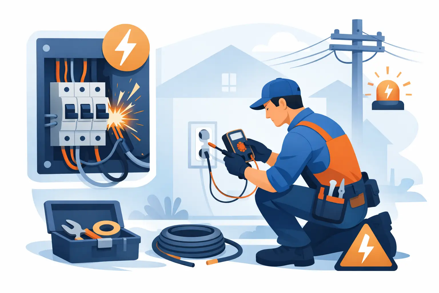 Illustration of an electrician repairing a sparking electrical fault
