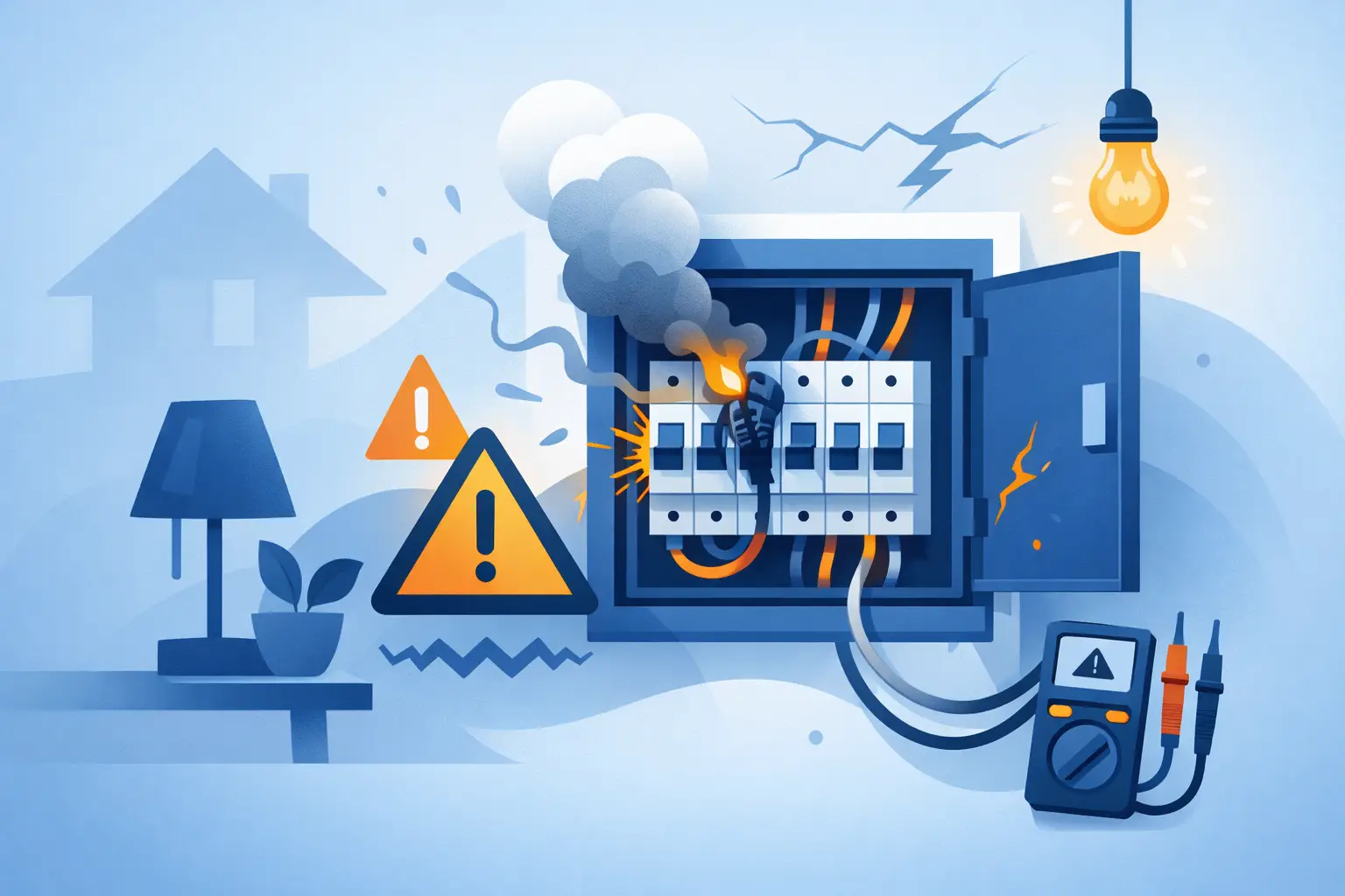 Illustration of an unsafe switchboard showing heat, smoke and warning symbols